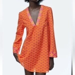 Zara Orange and Pink Small Dress with Bell Sleeves